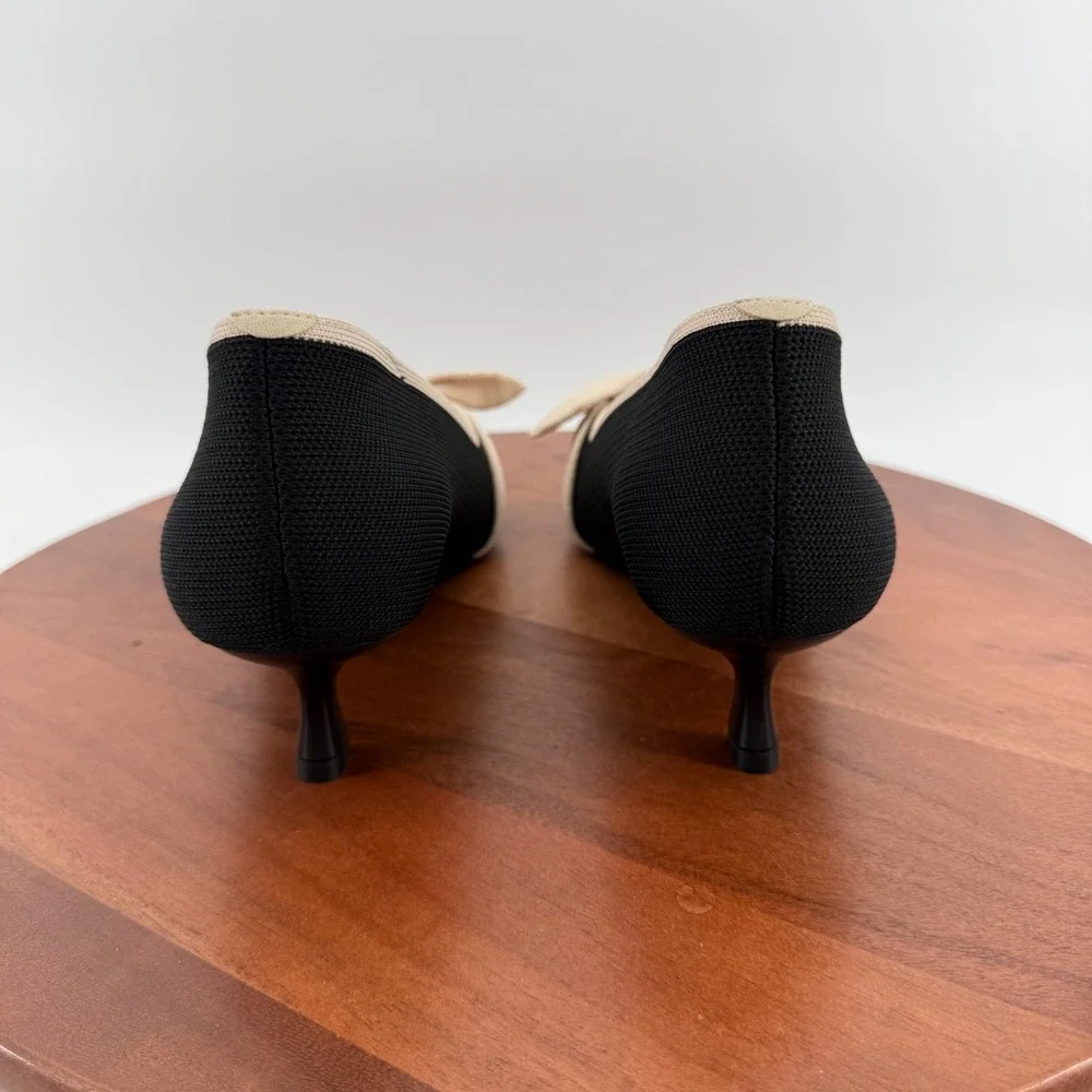 VIVAIA Kitten Heel Pumps Black Cream Bow Pointed Toe Knit Shoes Wmn EU42/US 10.5